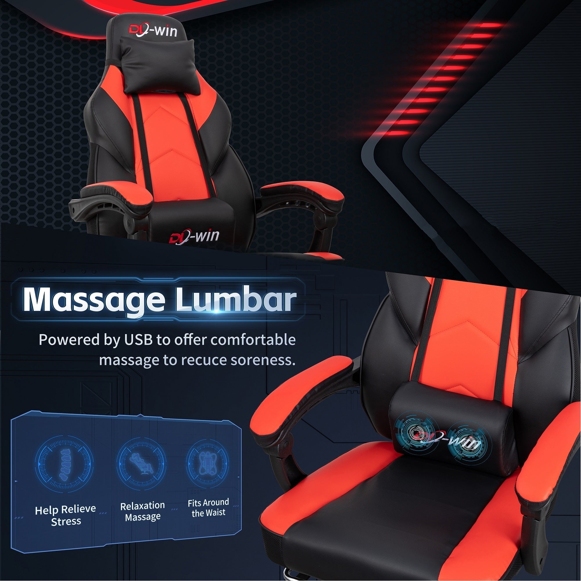 Chaise de bureau gaming Futzca en cuir synthétique avec appui-tête, repose-pieds et support lombaire massant