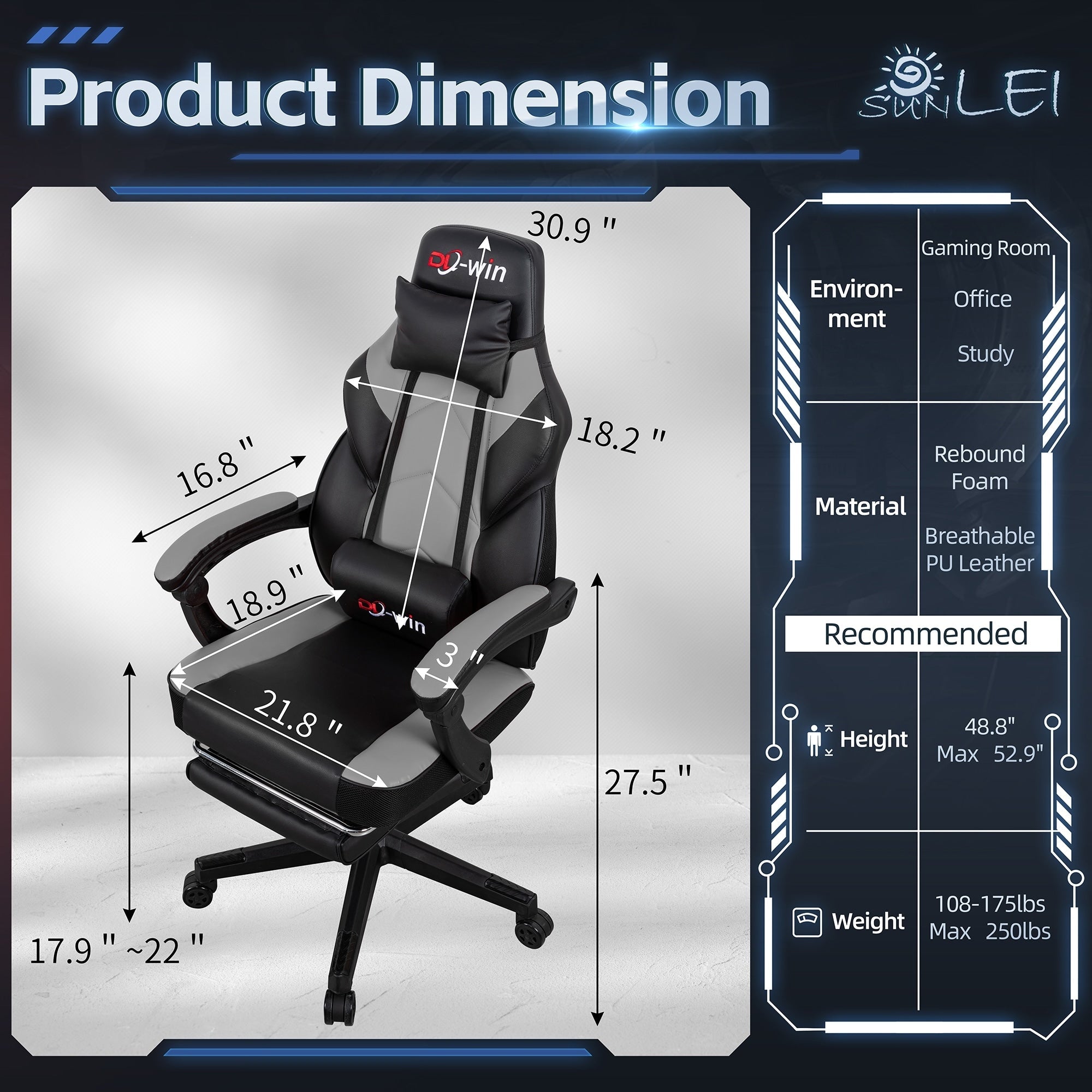 Chaise de bureau gaming Futzca en cuir synthétique avec appui-tête, repose-pieds et support lombaire massant