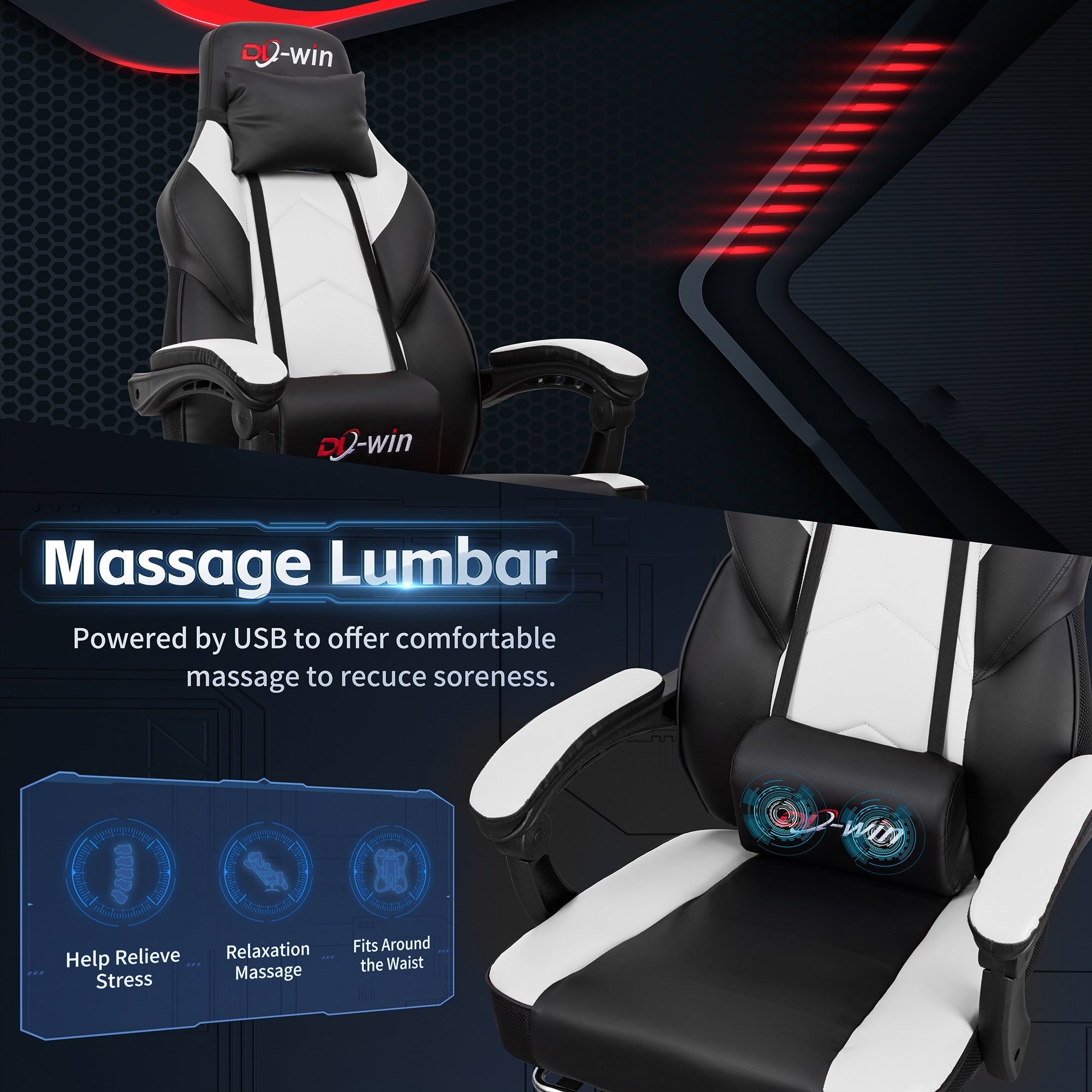 Chaise de bureau gaming Futzca en cuir synthétique avec appui-tête, repose-pieds et support lombaire massant