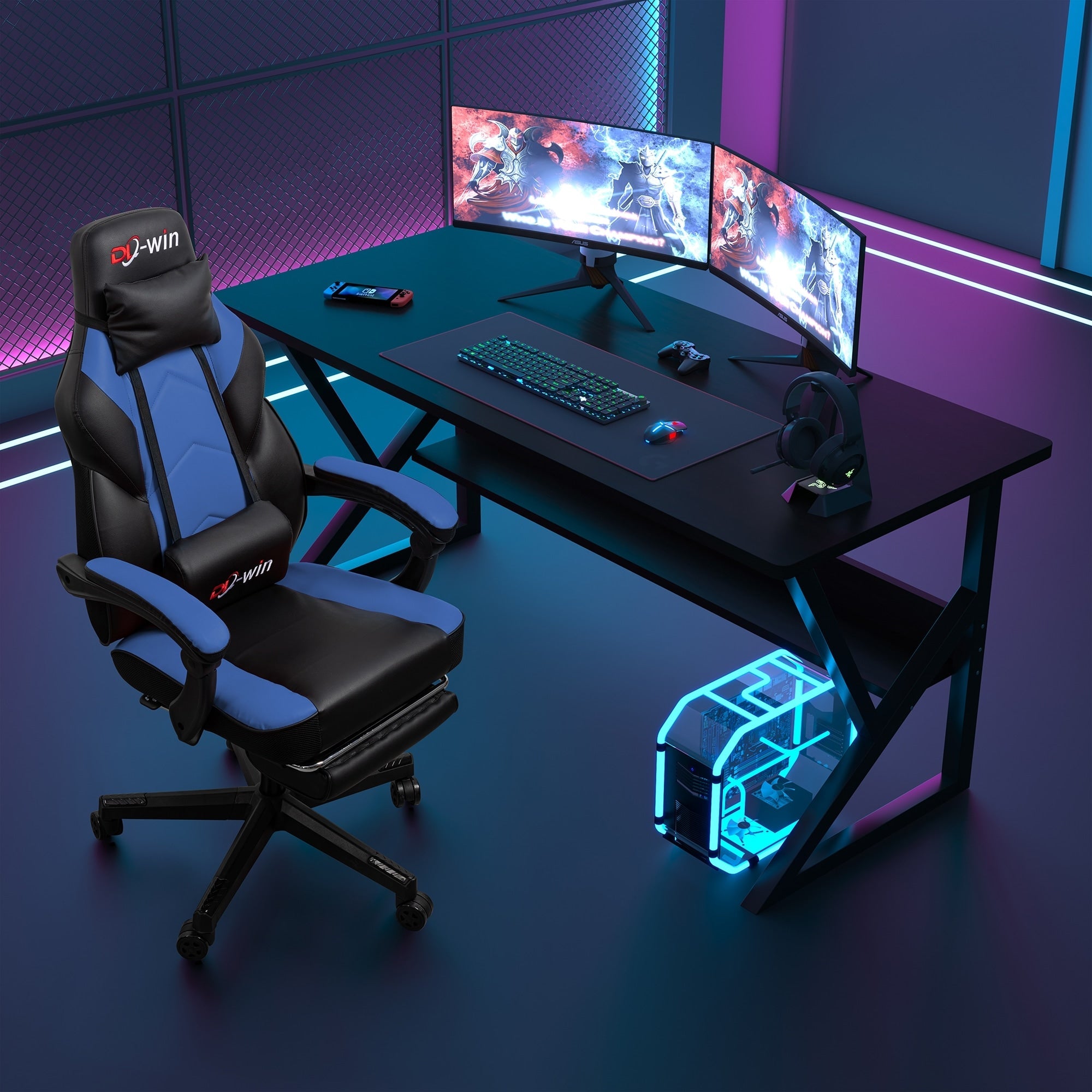 Chaise de bureau gaming Futzca en cuir synthétique avec appui-tête, repose-pieds et support lombaire massant