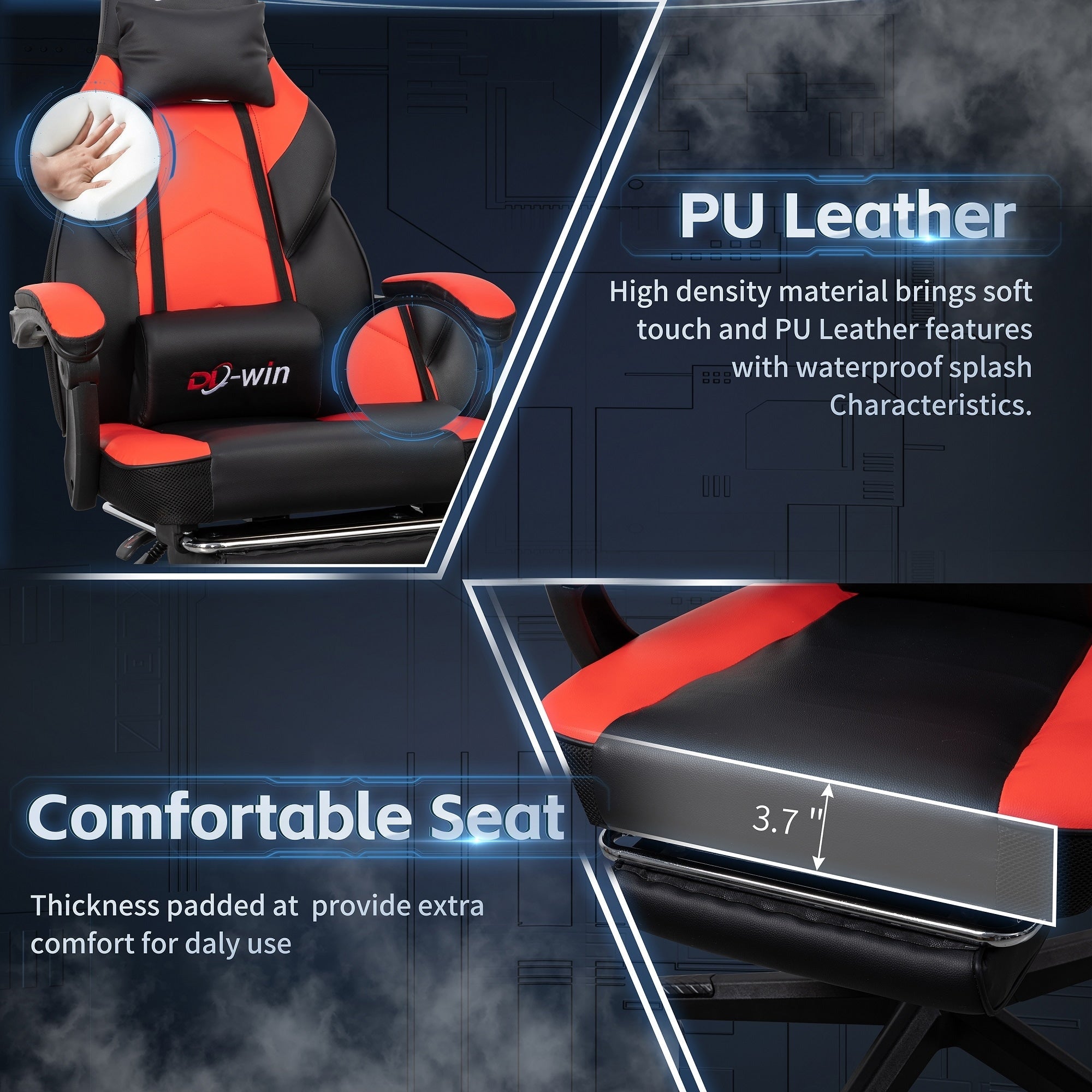 Chaise de bureau gaming Futzca en cuir synthétique avec appui-tête, repose-pieds et support lombaire massant