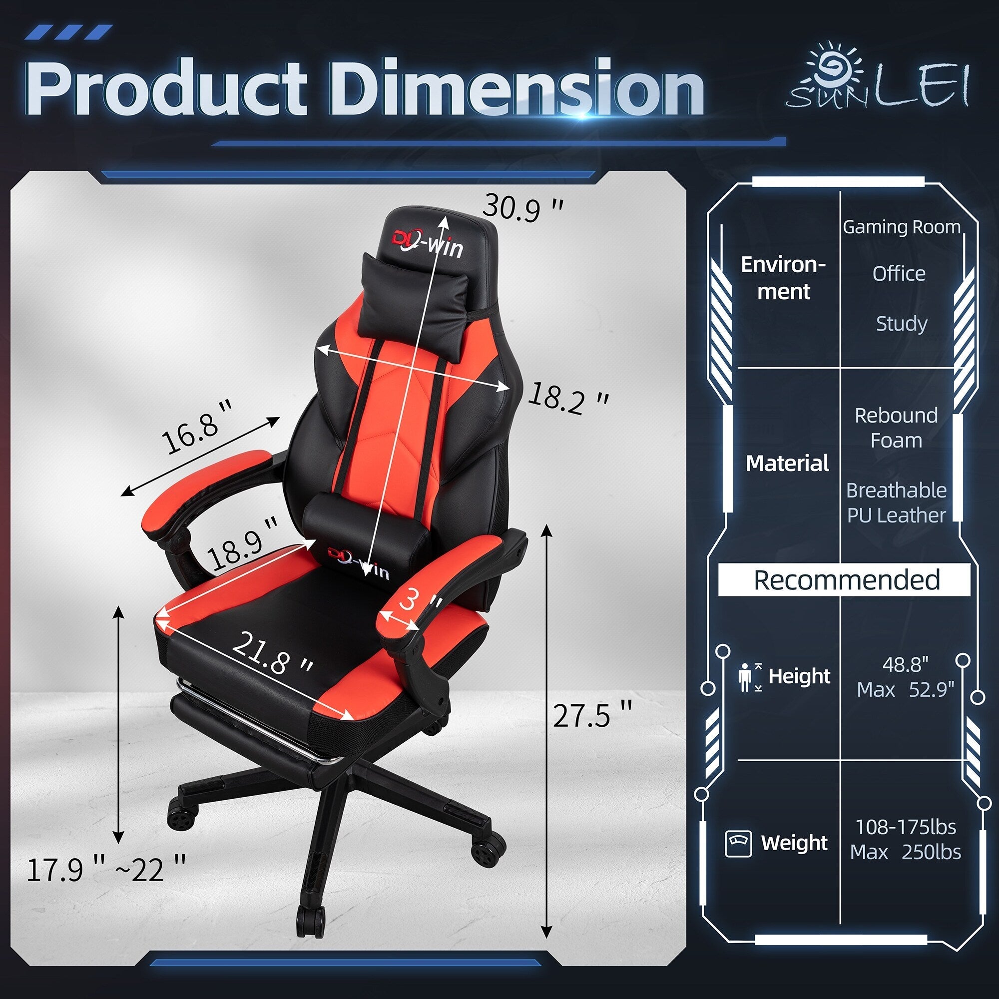 Chaise de bureau gaming Futzca en cuir synthétique avec appui-tête, repose-pieds et support lombaire massant