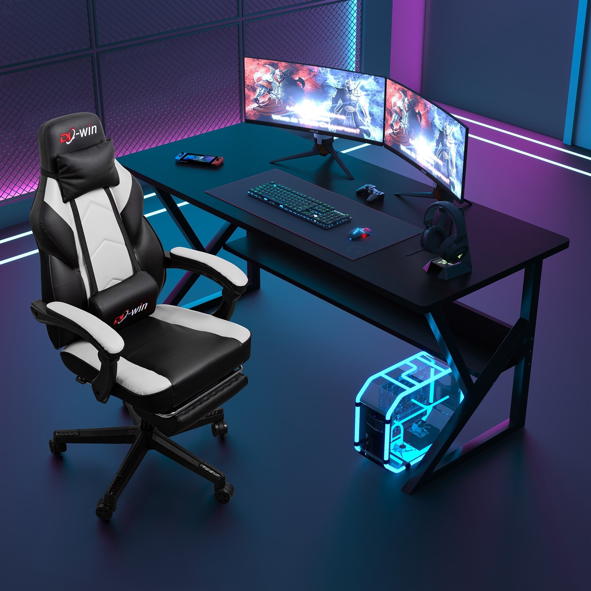 Chaise de bureau gaming Futzca en cuir synthétique avec appui-tête, repose-pieds et support lombaire massant