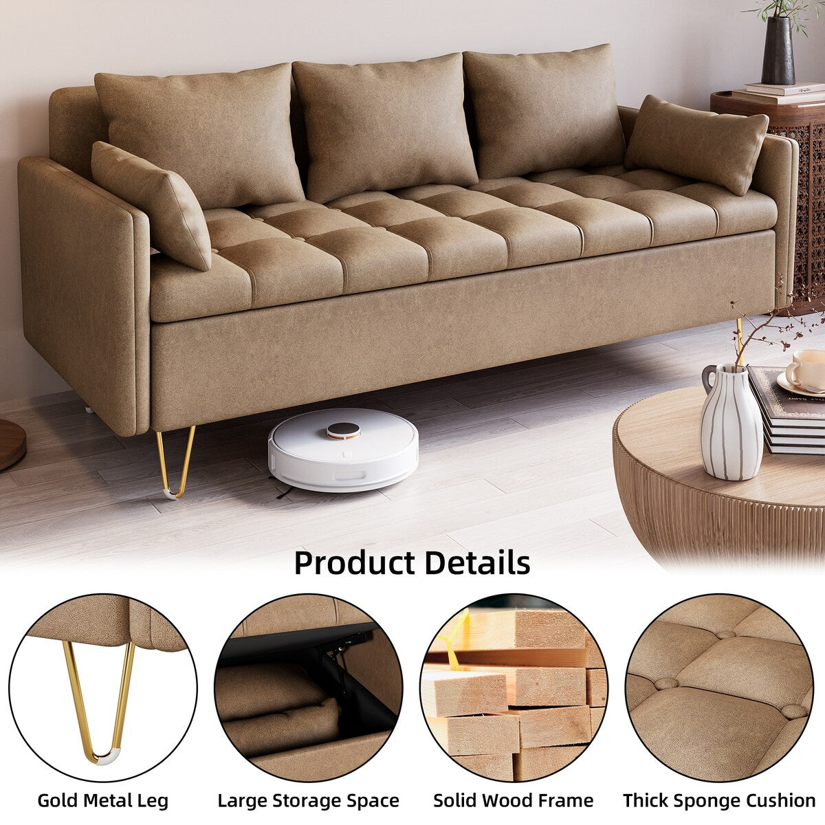 Canapé 3 places en cuir GIMMYFIVE avec coussin, canapé de salon