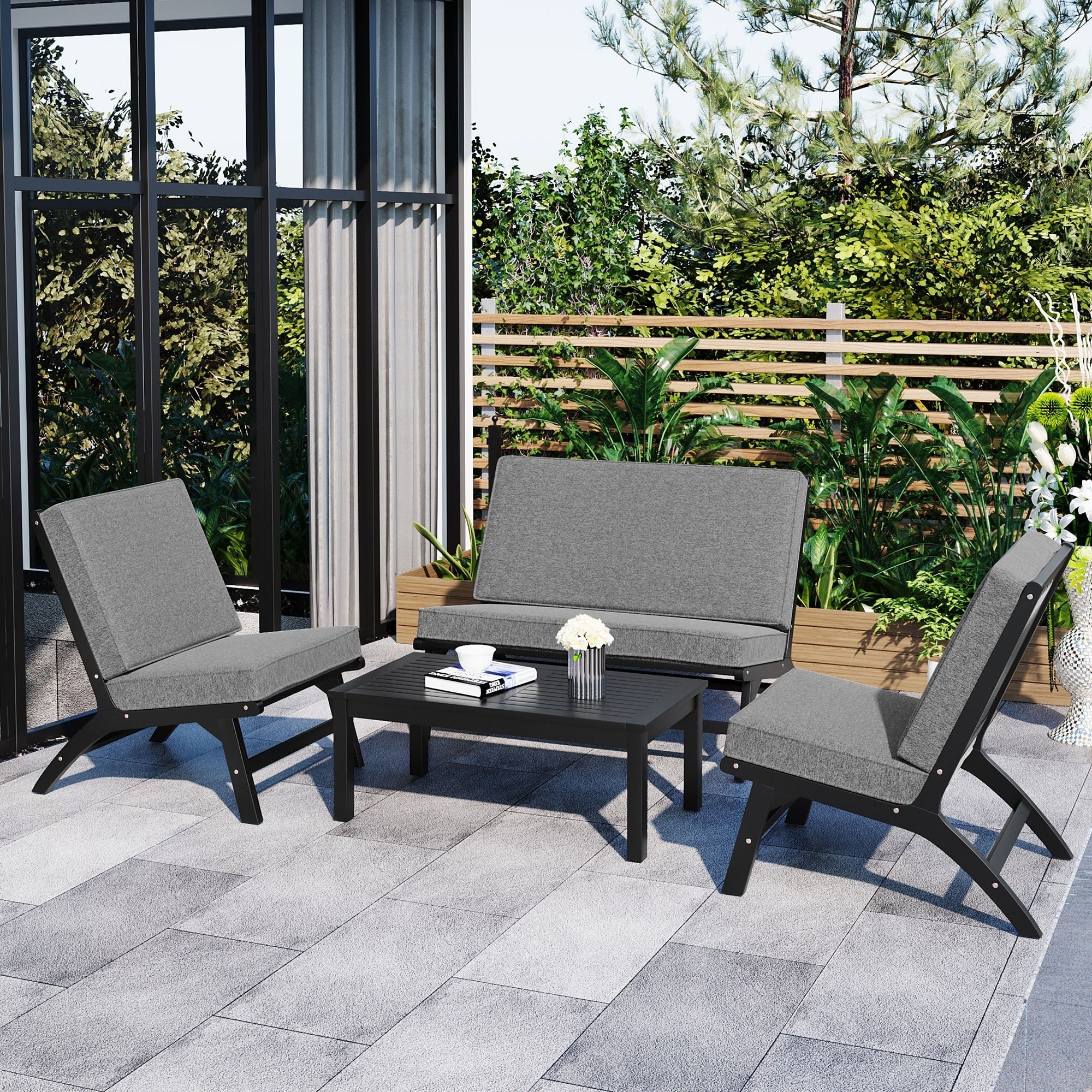 Ensemble de 4 sièges en V GO, canapé d'extérieur en bois d'acacia massif, mobilier de jardin, sièges d'extérieur, noir et gris