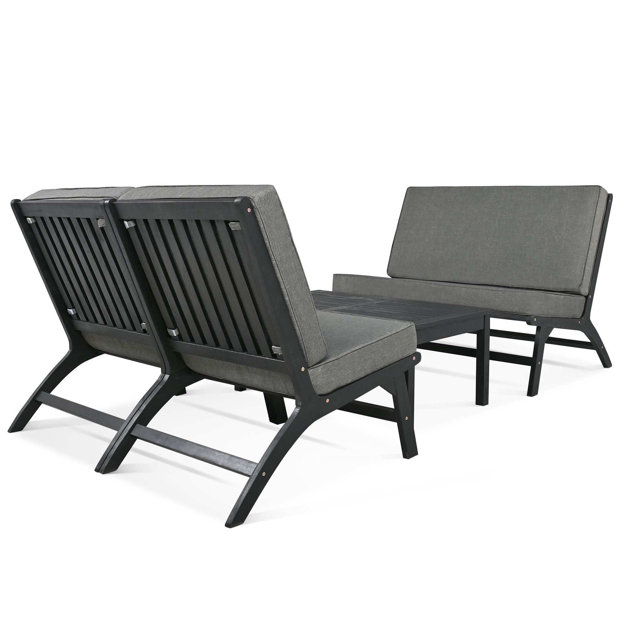 Ensemble de 4 sièges en V GO, canapé d'extérieur en bois d'acacia massif, mobilier de jardin, sièges d'extérieur, noir et gris