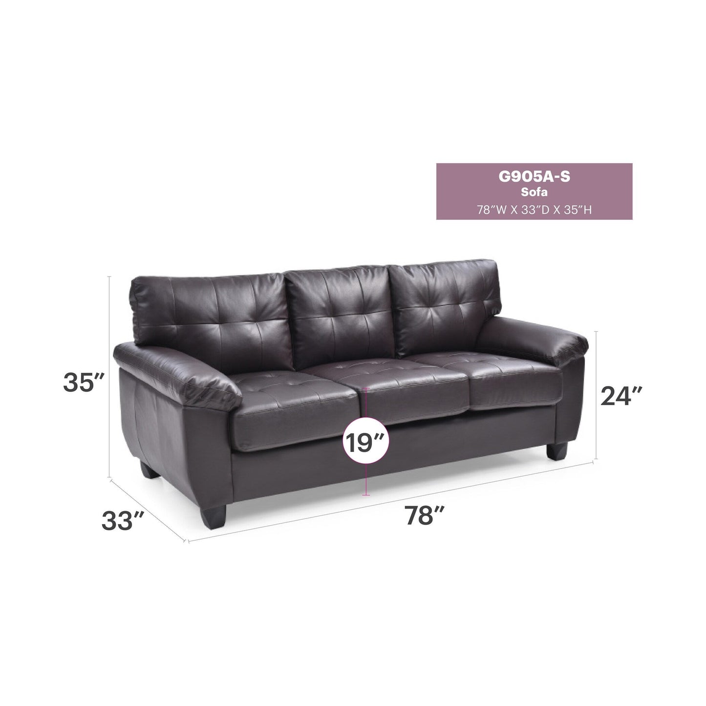 Canapé droit Gallant 78 po en similicuir à accoudoirs évasés - 33 L x 78 l x 35 H