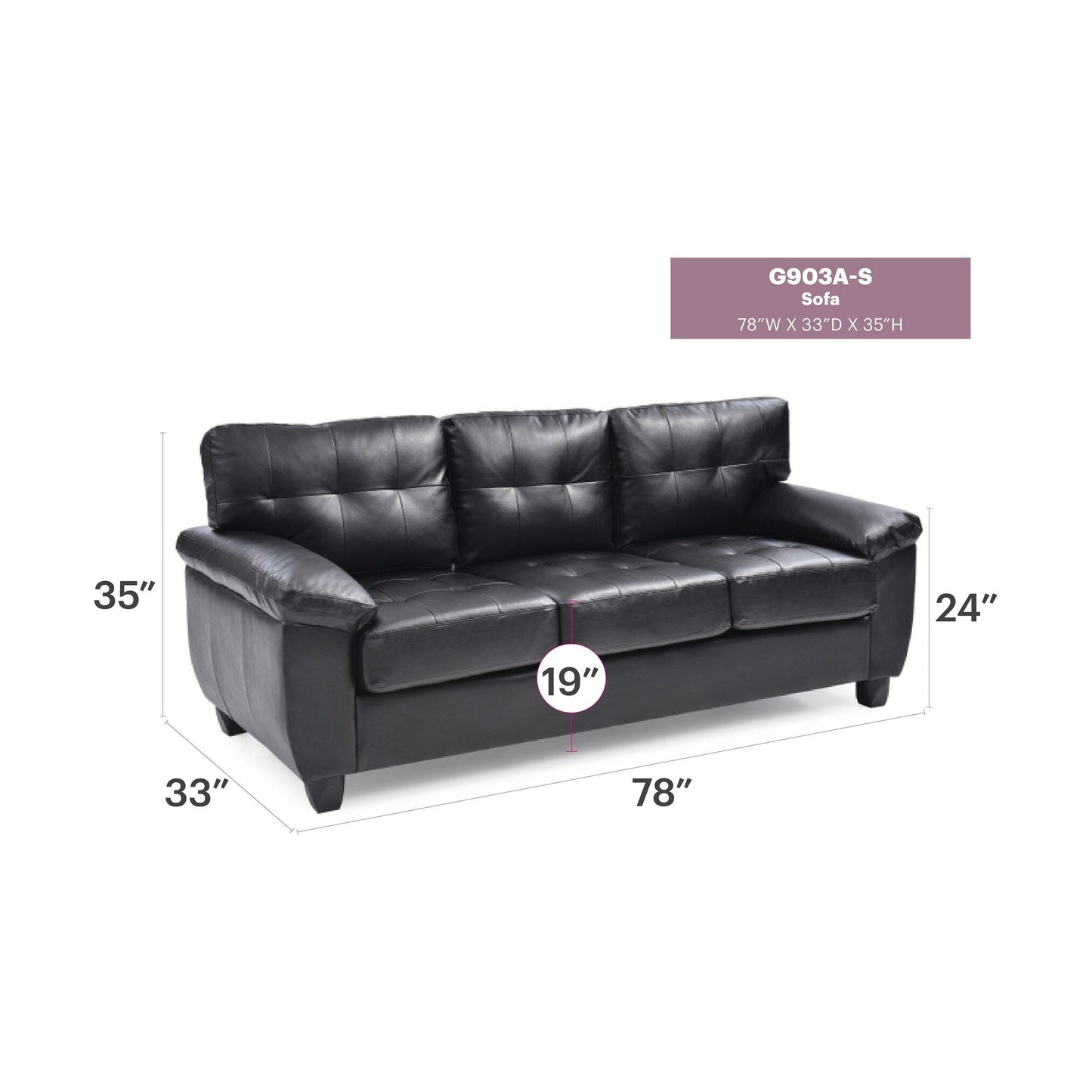 Canapé droit Gallant 78 po en similicuir à accoudoirs évasés - 33 L x 78 l x 35 H