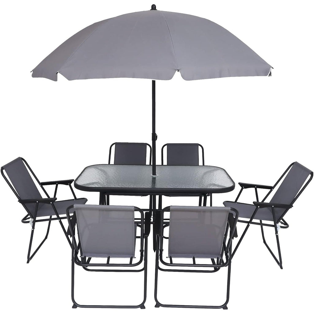 Ensemble de meubles de jardin, ensemble de salle à manger d'extérieur 8 pièces avec parasol, 6 chaises pliantes et 1 table rectangulaire en verre trempé