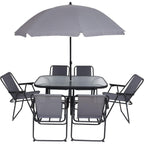 Ensemble de meubles de jardin, ensemble de salle à manger d'extérieur 8 pièces avec parasol, 6 chaises pliantes et 1 table rectangulaire en verre trempé