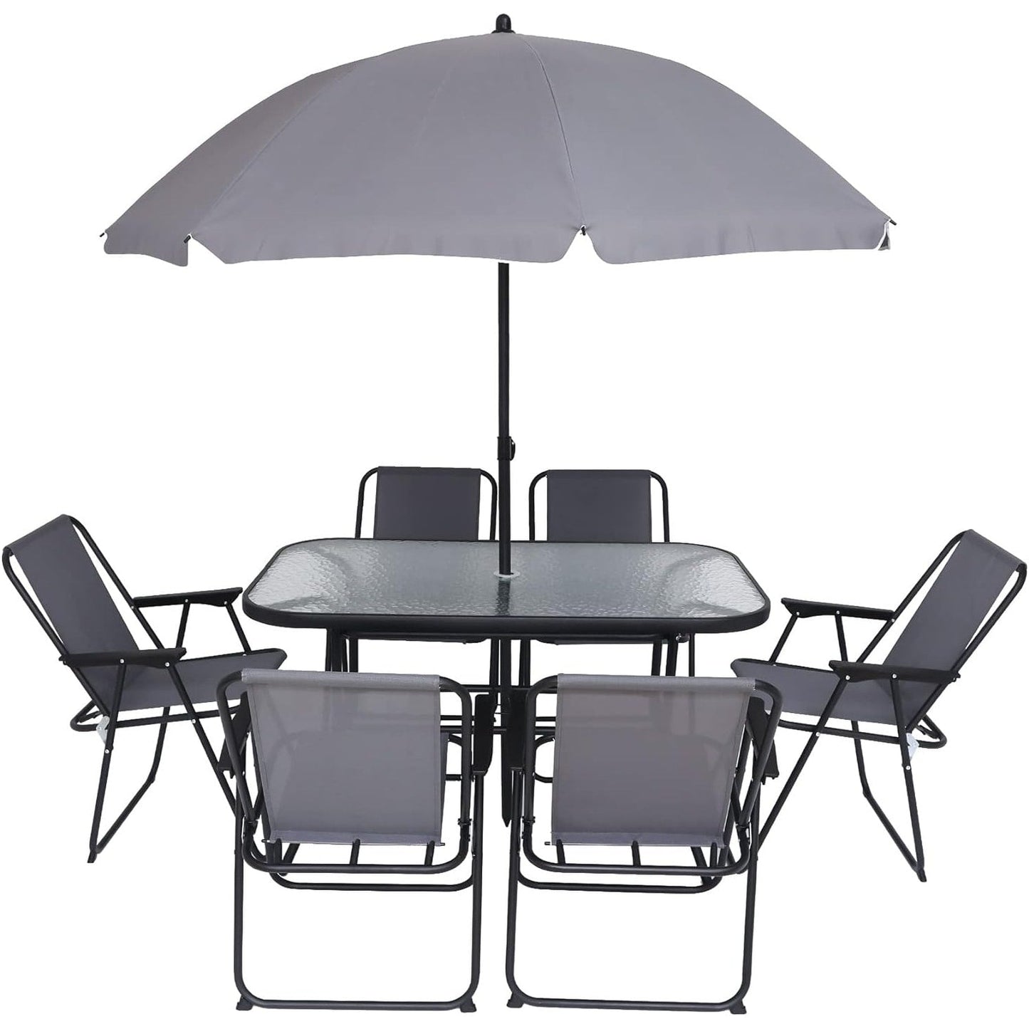 Ensemble de meubles de jardin, ensemble de salle à manger d'extérieur 8 pièces avec parasol, 6 chaises pliantes et 1 table rectangulaire en verre trempé