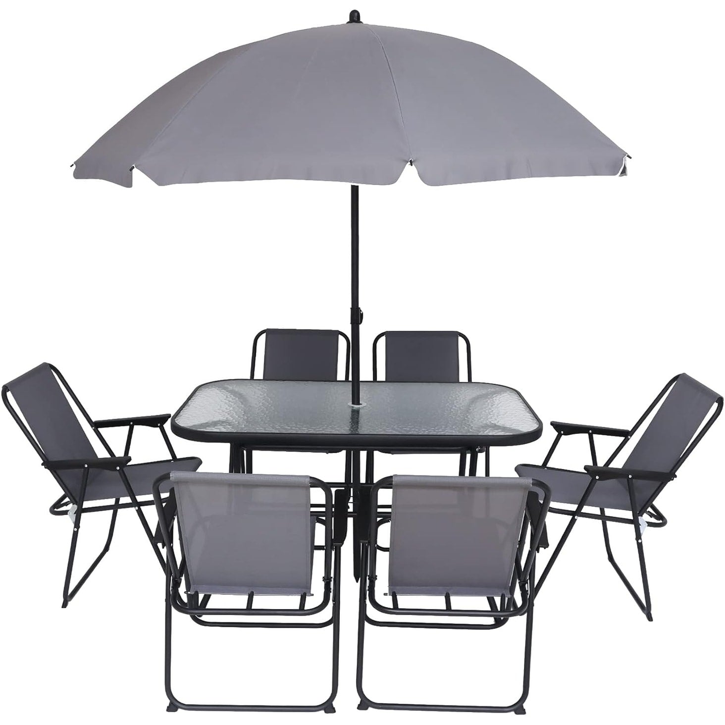 Ensemble de meubles de jardin, ensemble de salle à manger d'extérieur 8 pièces avec parasol, 6 chaises pliantes et 1 table rectangulaire en verre trempé