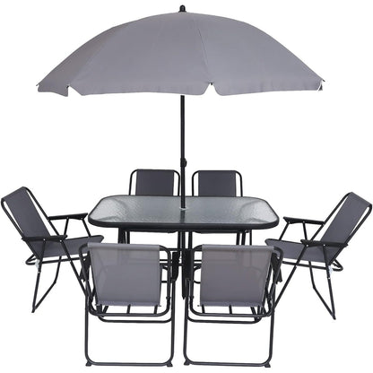 Ensemble de meubles de jardin, ensemble de salle à manger d'extérieur 8 pièces avec parasol, 6 chaises pliantes et 1 table rectangulaire en verre trempé
