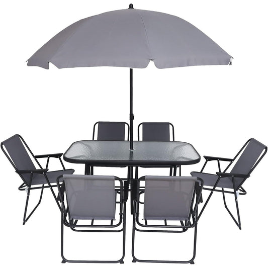 Ensemble de meubles de jardin, ensemble de salle à manger d'extérieur 8 pièces avec parasol, 6 chaises pliantes et 1 table rectangulaire en verre trempé