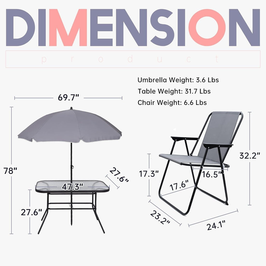 Ensemble de meubles de jardin, ensemble de salle à manger d'extérieur 8 pièces avec parasol, 6 chaises pliantes et 1 table rectangulaire en verre trempé