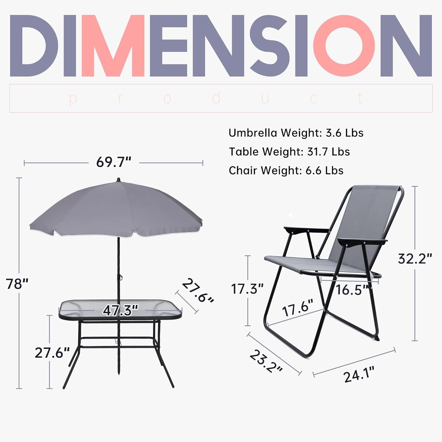 Ensemble de meubles de jardin, ensemble de salle à manger d'extérieur 8 pièces avec parasol, 6 chaises pliantes et 1 table rectangulaire en verre trempé