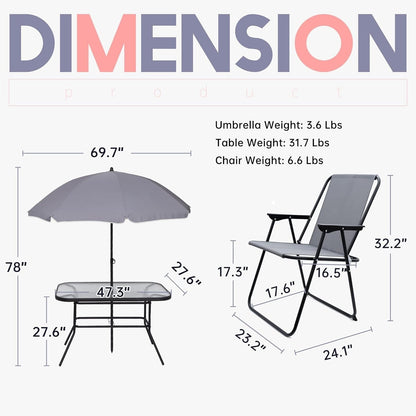Ensemble de meubles de jardin, ensemble de salle à manger d'extérieur 8 pièces avec parasol, 6 chaises pliantes et 1 table rectangulaire en verre trempé