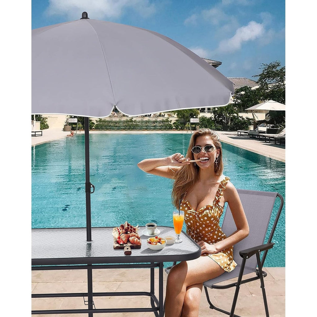 Ensemble de meubles de jardin, ensemble de salle à manger d'extérieur 8 pièces avec parasol, 6 chaises pliantes et 1 table rectangulaire en verre trempé