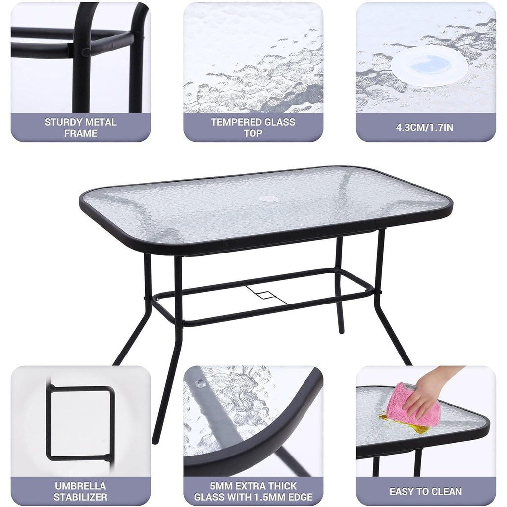 Ensemble de meubles de jardin, ensemble de salle à manger d'extérieur 8 pièces avec parasol, 6 chaises pliantes et 1 table rectangulaire en verre trempé