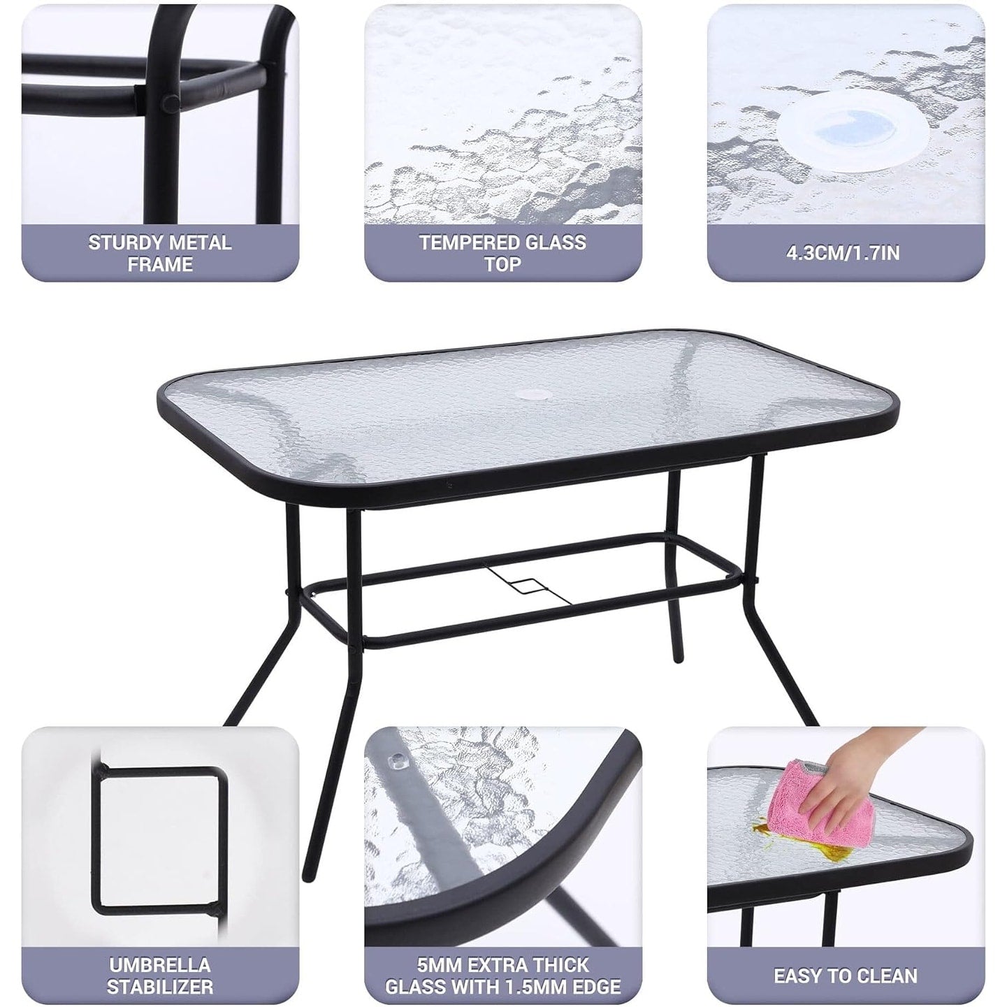 Ensemble de meubles de jardin, ensemble de salle à manger d'extérieur 8 pièces avec parasol, 6 chaises pliantes et 1 table rectangulaire en verre trempé