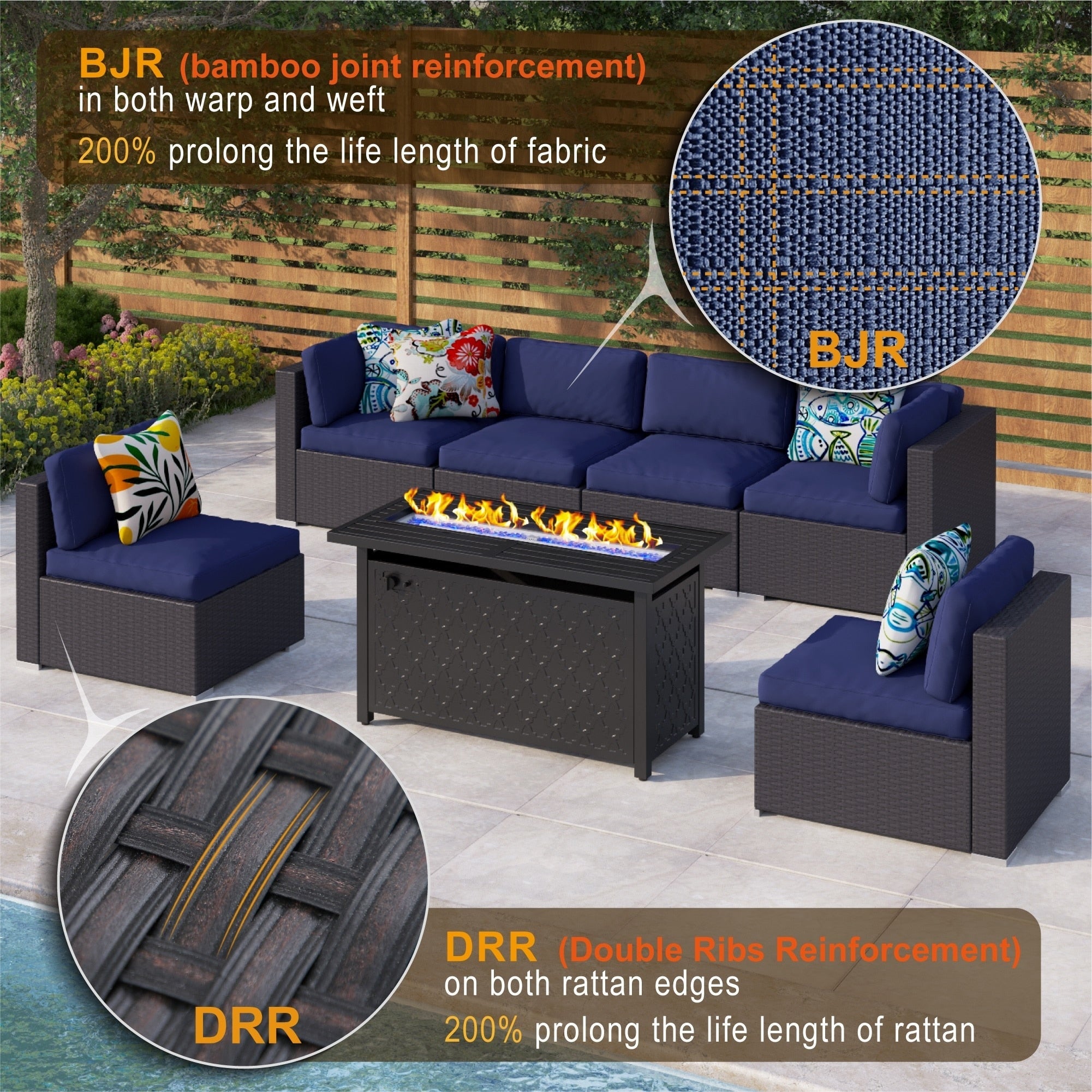 Ensemble de salon de jardin Gariau en rotin et osier, 13 pièces, avec 2 types de tables de foyer à gaz, par Havenside Home
