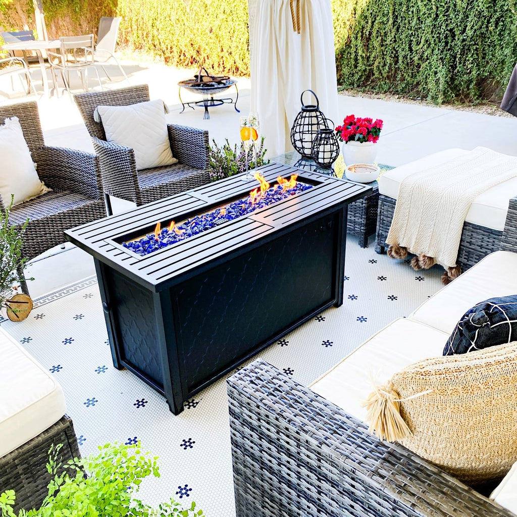 Ensemble de salon de jardin Gariau en rotin et osier, 13 pièces, avec 2 types de tables de foyer à gaz, par Havenside Home