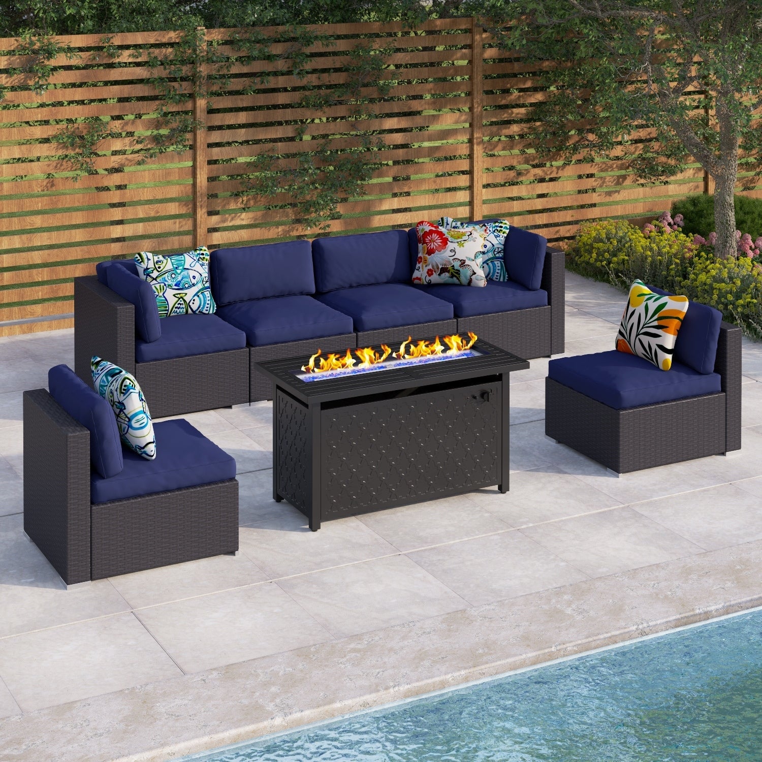 Ensemble de salon de jardin Gariau en rotin et osier, 13 pièces, avec 2 types de tables de foyer à gaz, par Havenside Home