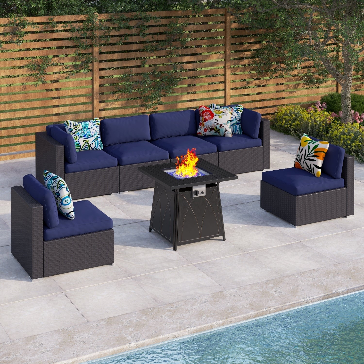 Ensemble de salon de jardin Gariau en rotin et osier, 13 pièces, avec 2 types de tables de foyer à gaz, par Havenside Home