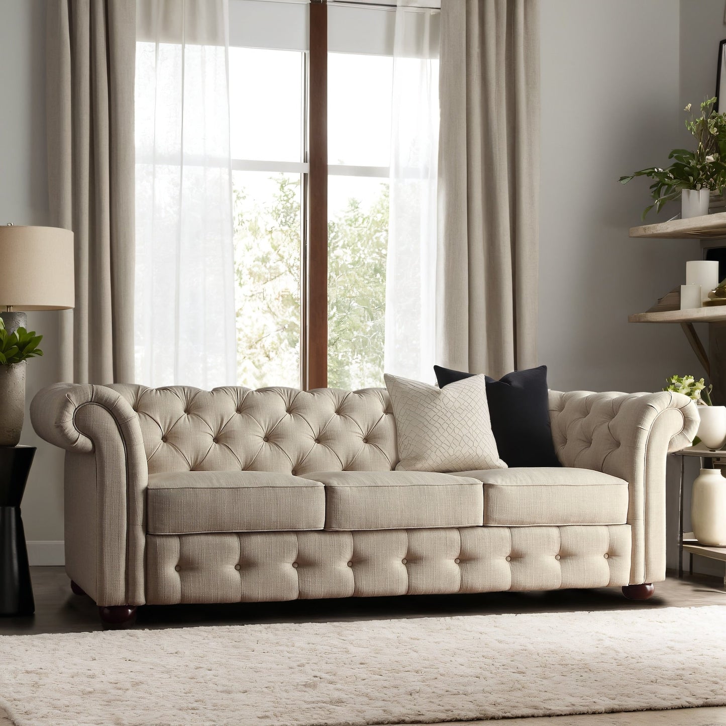 Canapé Chesterfield capitonné à accoudoirs en volutes Gdansk