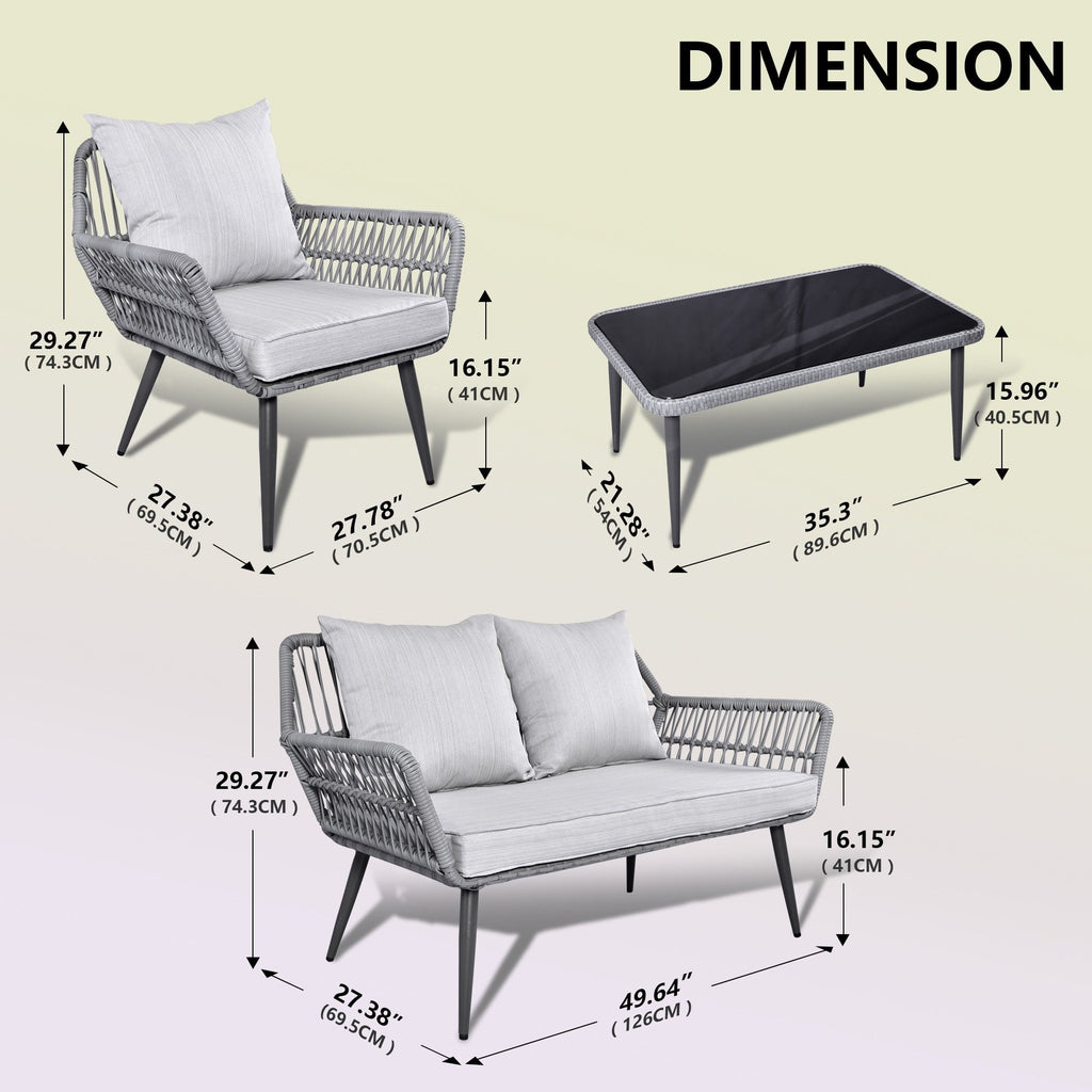 Ensemble de 4 meubles de jardin en osier pour terrasse, canapé-lit en rotin gris avec coussin et table