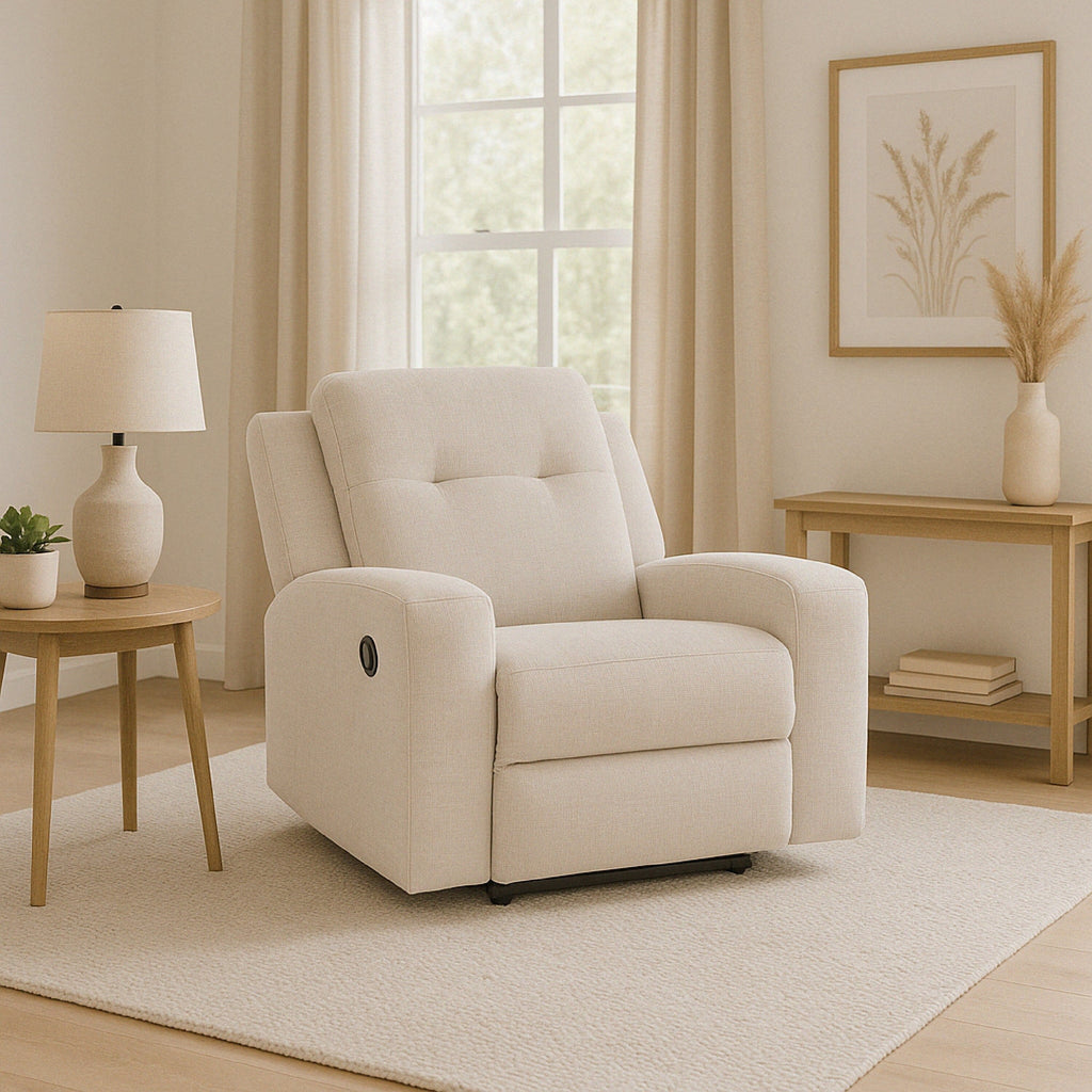 Fauteuil inclinable manuel Genna, polyester beige clair, rembourrage moelleux