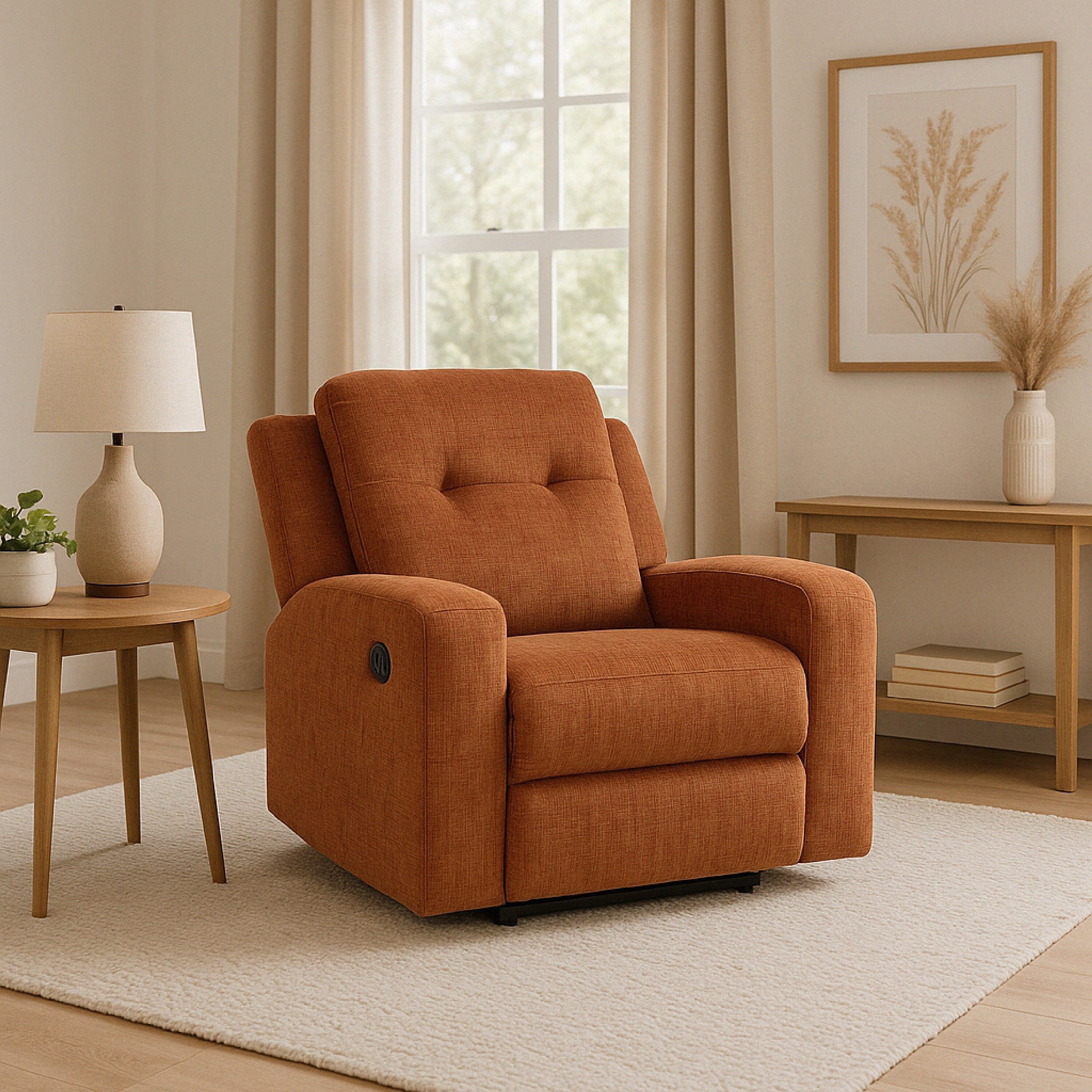 Fauteuil inclinable manuel Genna, polyester orange épicé, coussin moelleux