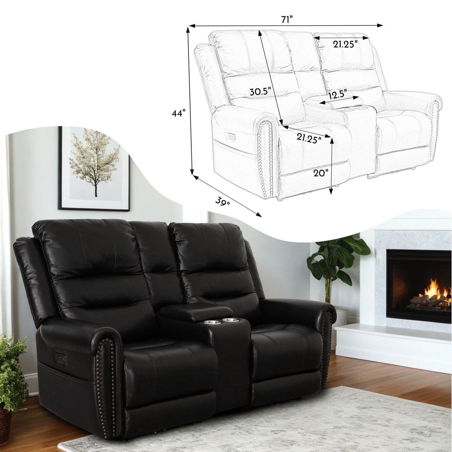 Canapé inclinable électrique en cuir véritable noir, causeuse, fauteuil inclinable avec appui-tête réglable et repose-pieds extensible