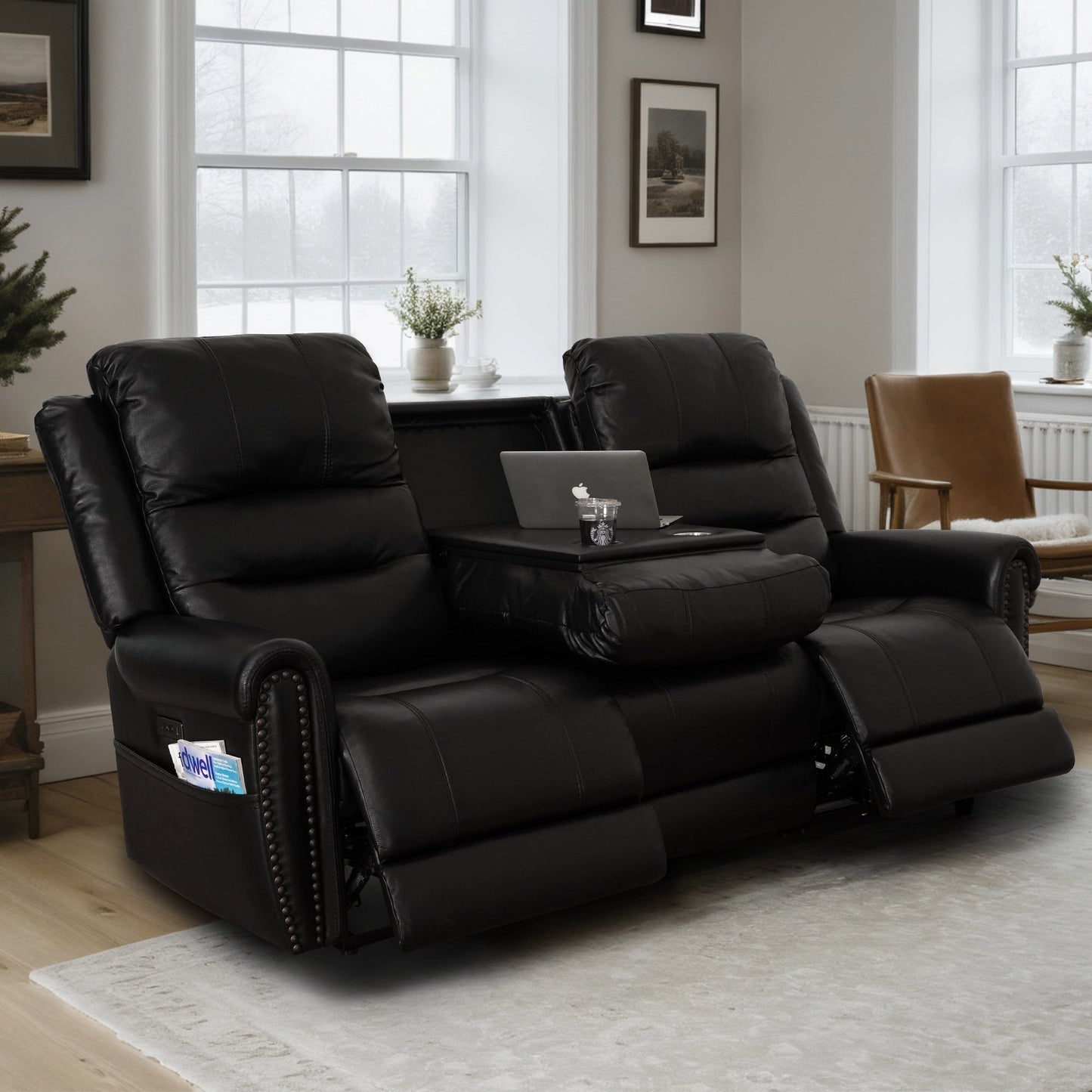 Canapé inclinable électrique en cuir véritable noir, causeuse, fauteuil inclinable avec appui-tête réglable et repose-pieds extensible