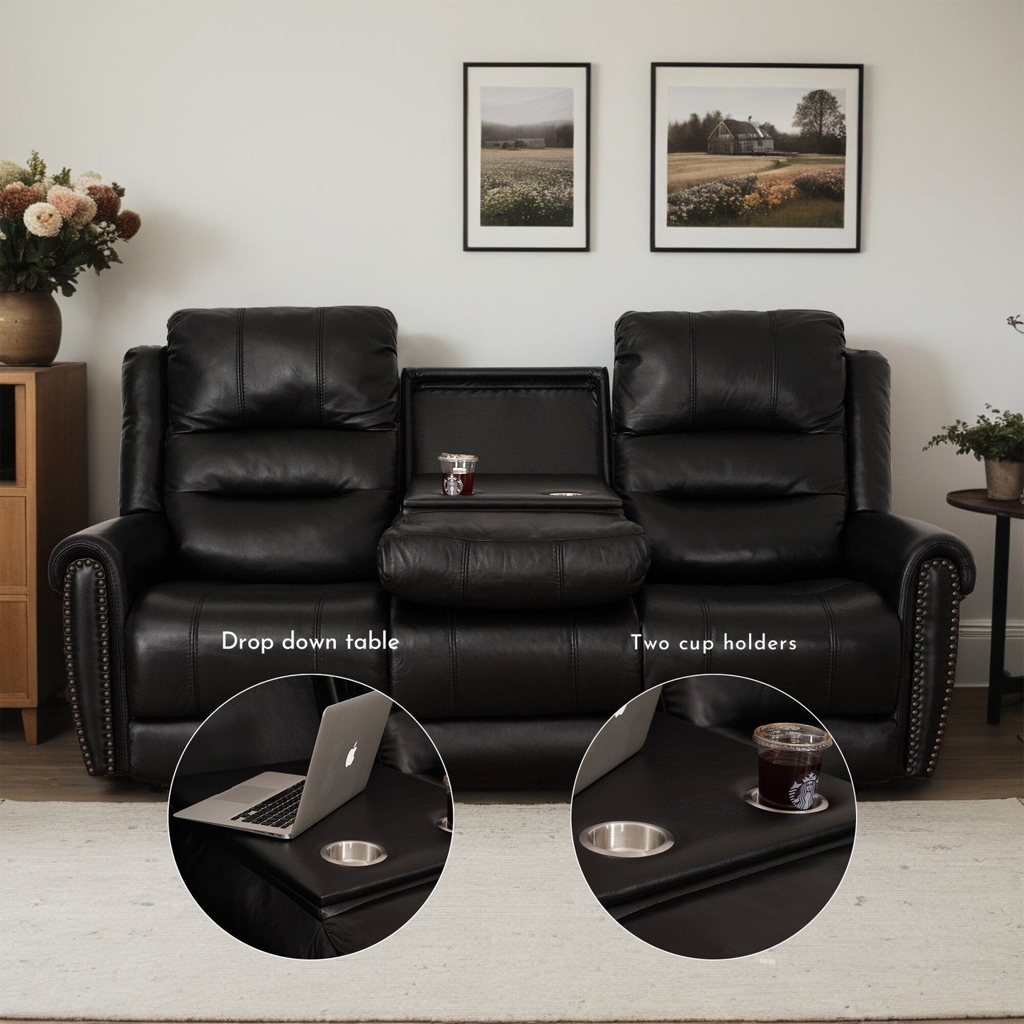 Canapé inclinable électrique en cuir véritable noir, causeuse, fauteuil inclinable avec appui-tête réglable et repose-pieds extensible