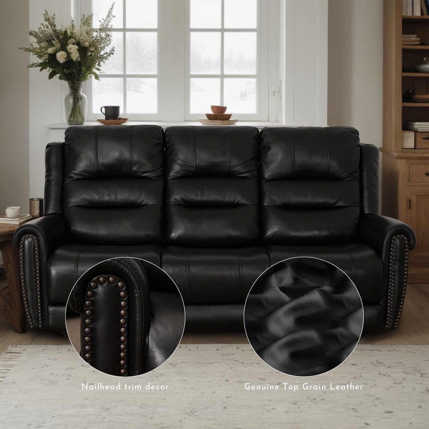 Canapé inclinable électrique en cuir véritable noir, causeuse, fauteuil inclinable avec appui-tête réglable et repose-pieds extensible