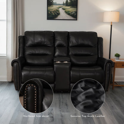 Canapé inclinable électrique en cuir véritable noir, causeuse, fauteuil inclinable avec appui-tête réglable et repose-pieds extensible