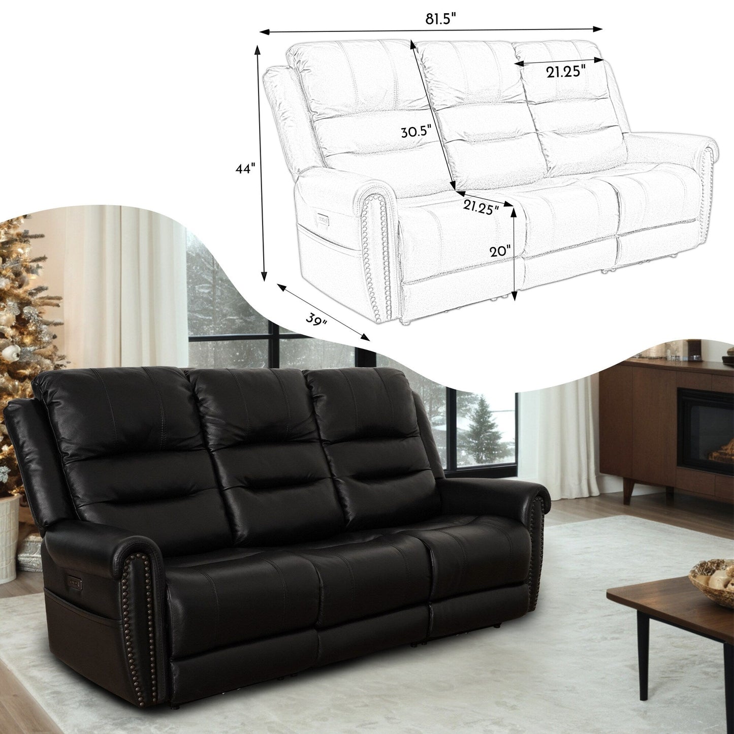 Canapé inclinable électrique en cuir véritable noir, causeuse, fauteuil inclinable avec appui-tête réglable et repose-pieds extensible