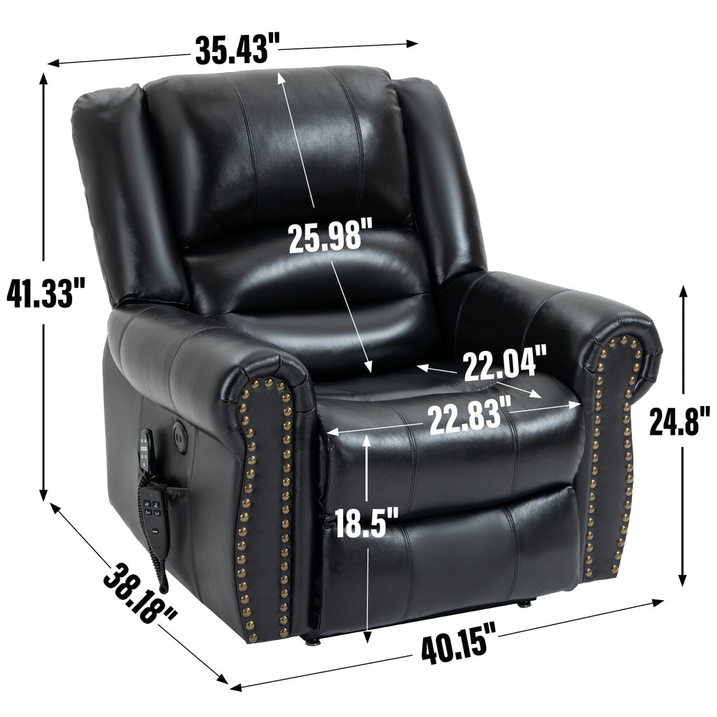 Fauteuil inclinable électrique en cuir véritable avec double moteur, massage par vibrations à 8 points, chauffage, ports USB et inclinaison infinie