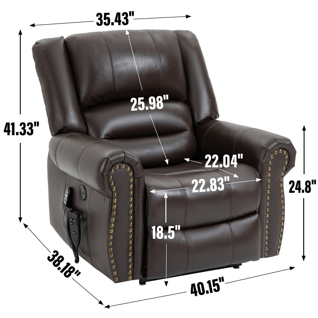 Fauteuil inclinable électrique en cuir véritable avec double moteur, massage par vibrations à 8 points, chauffage, ports USB et inclinaison infinie