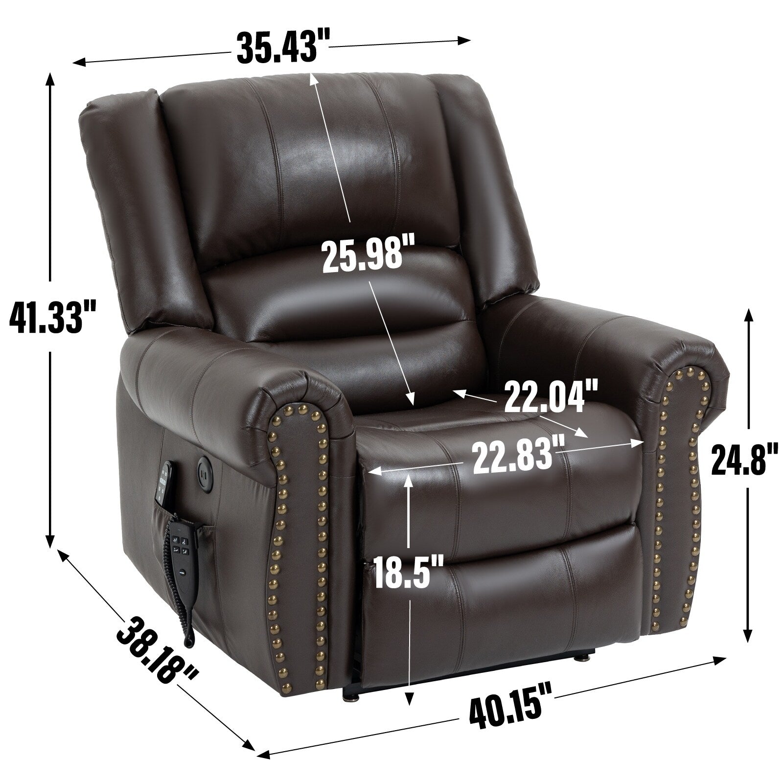 Fauteuil inclinable électrique en cuir véritable avec double moteur, massage par vibrations à 8 points, chauffage, ports USB et inclinaison infinie