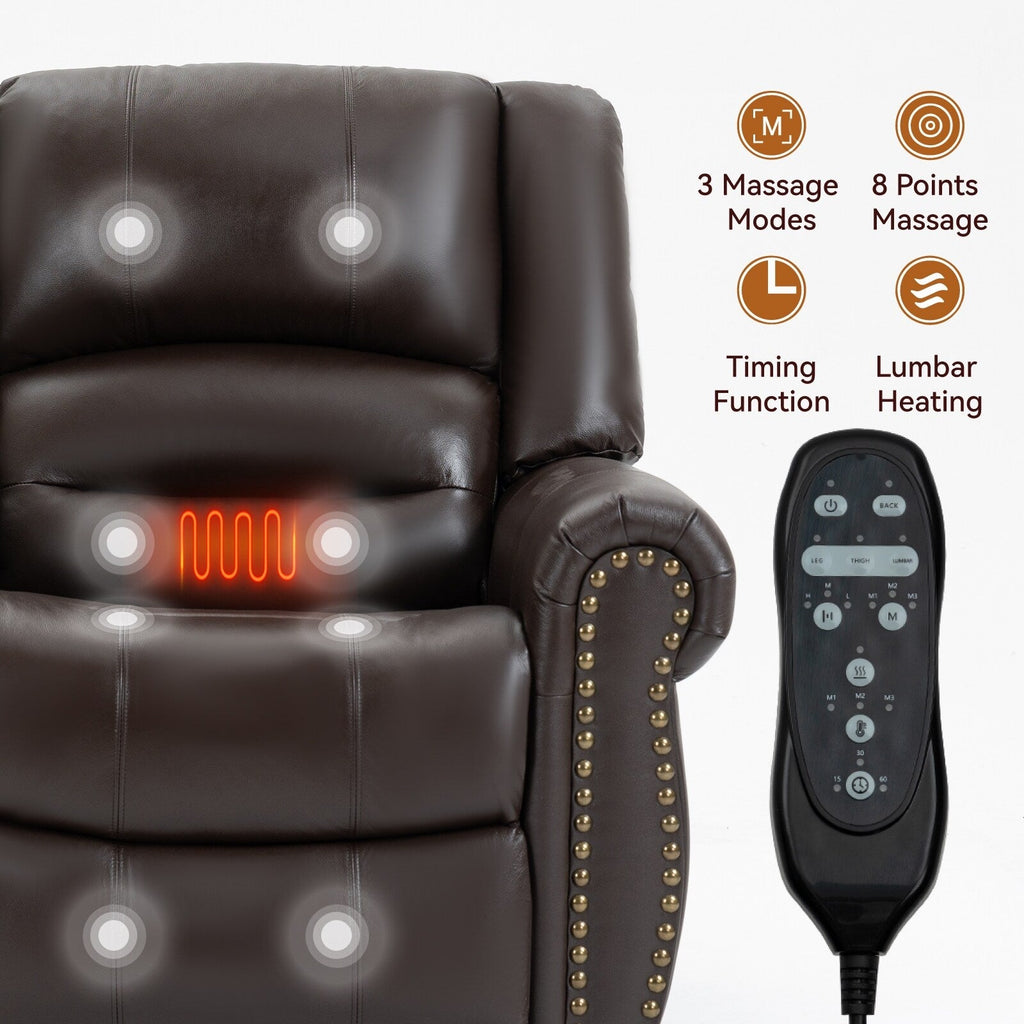 Fauteuil inclinable électrique en cuir véritable avec double moteur, massage par vibrations à 8 points, chauffage, ports USB et inclinaison infinie