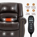 Fauteuil inclinable électrique en cuir véritable avec double moteur, massage par vibrations à 8 points, chauffage, ports USB et inclinaison infinie