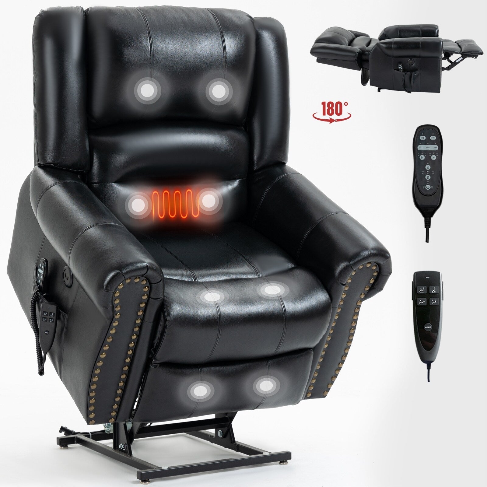 Fauteuil inclinable électrique en cuir véritable avec double moteur, massage par vibrations à 8 points, chauffage, ports USB et inclinaison infinie