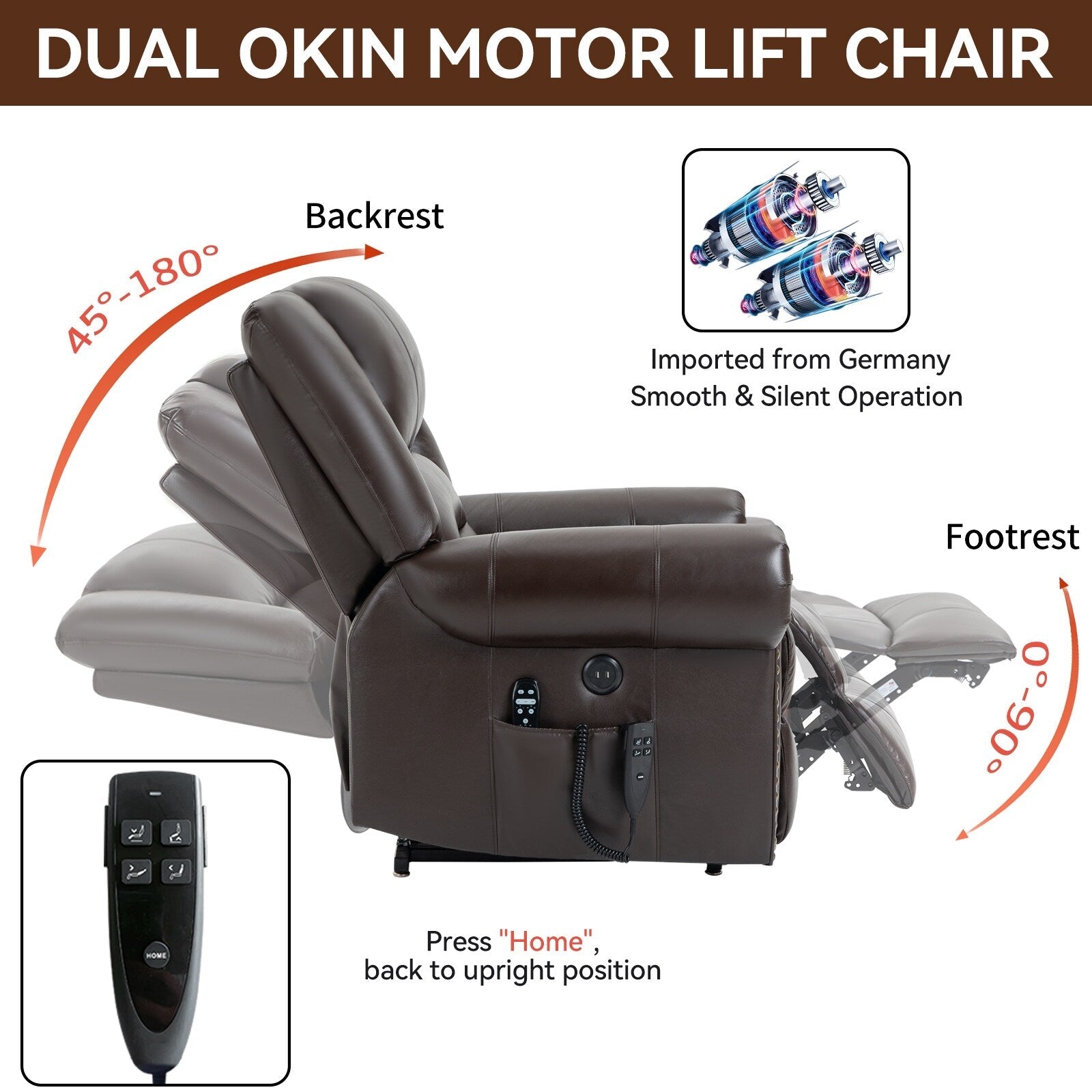 Fauteuil inclinable électrique en cuir véritable avec double moteur, massage par vibrations à 8 points, chauffage, ports USB et inclinaison infinie