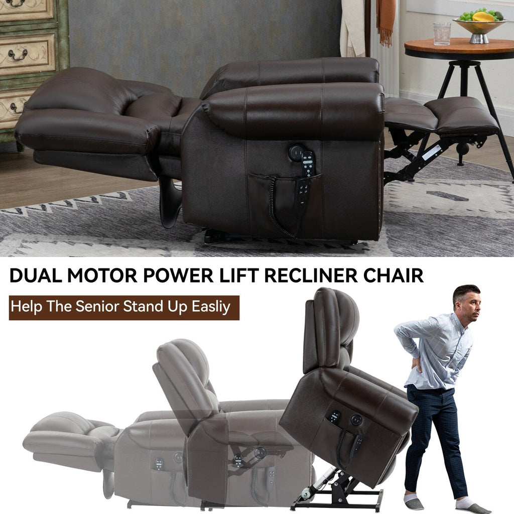 Fauteuil inclinable électrique en cuir véritable avec double moteur, massage par vibrations à 8 points, chauffage, ports USB et inclinaison infinie