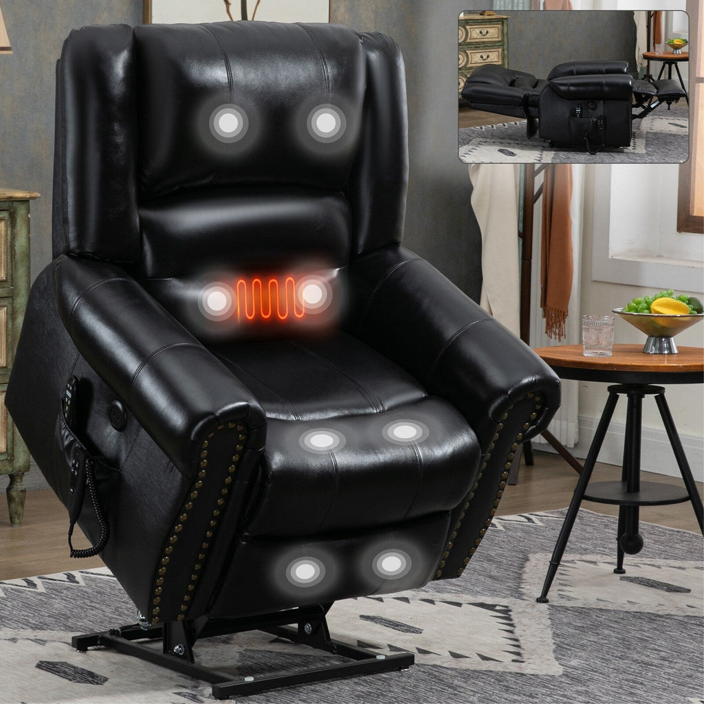 Fauteuil inclinable électrique en cuir véritable avec double moteur, massage par vibrations à 8 points, chauffage, ports USB et inclinaison infinie