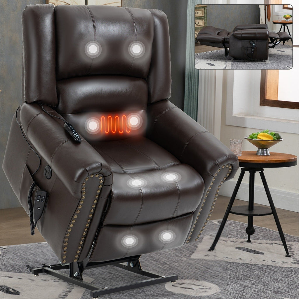 Fauteuil inclinable électrique en cuir véritable avec double moteur, massage par vibrations à 8 points, chauffage, ports USB et inclinaison infinie