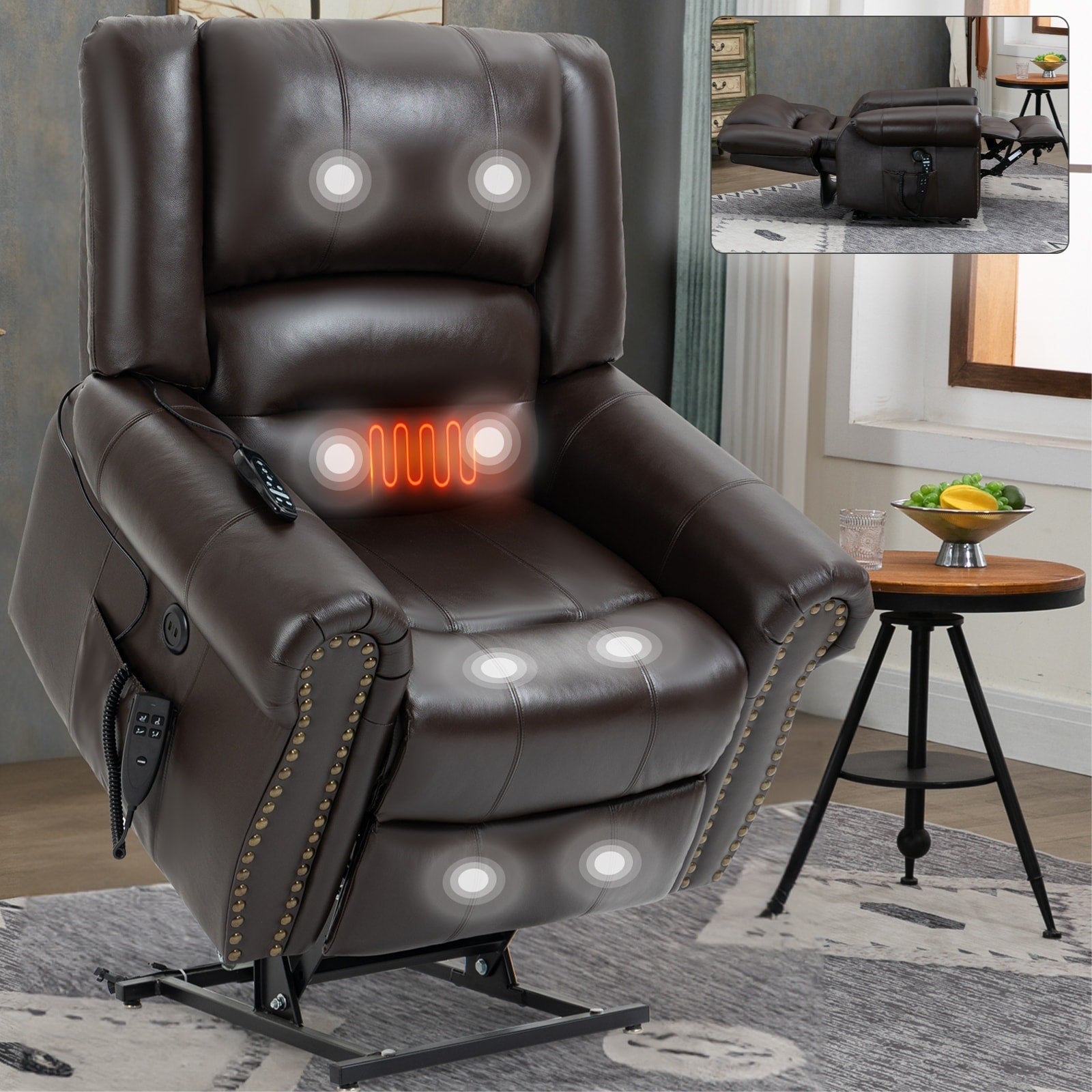 Fauteuil inclinable électrique en cuir véritable avec double moteur, massage par vibrations à 8 points, chauffage, ports USB et inclinaison infinie