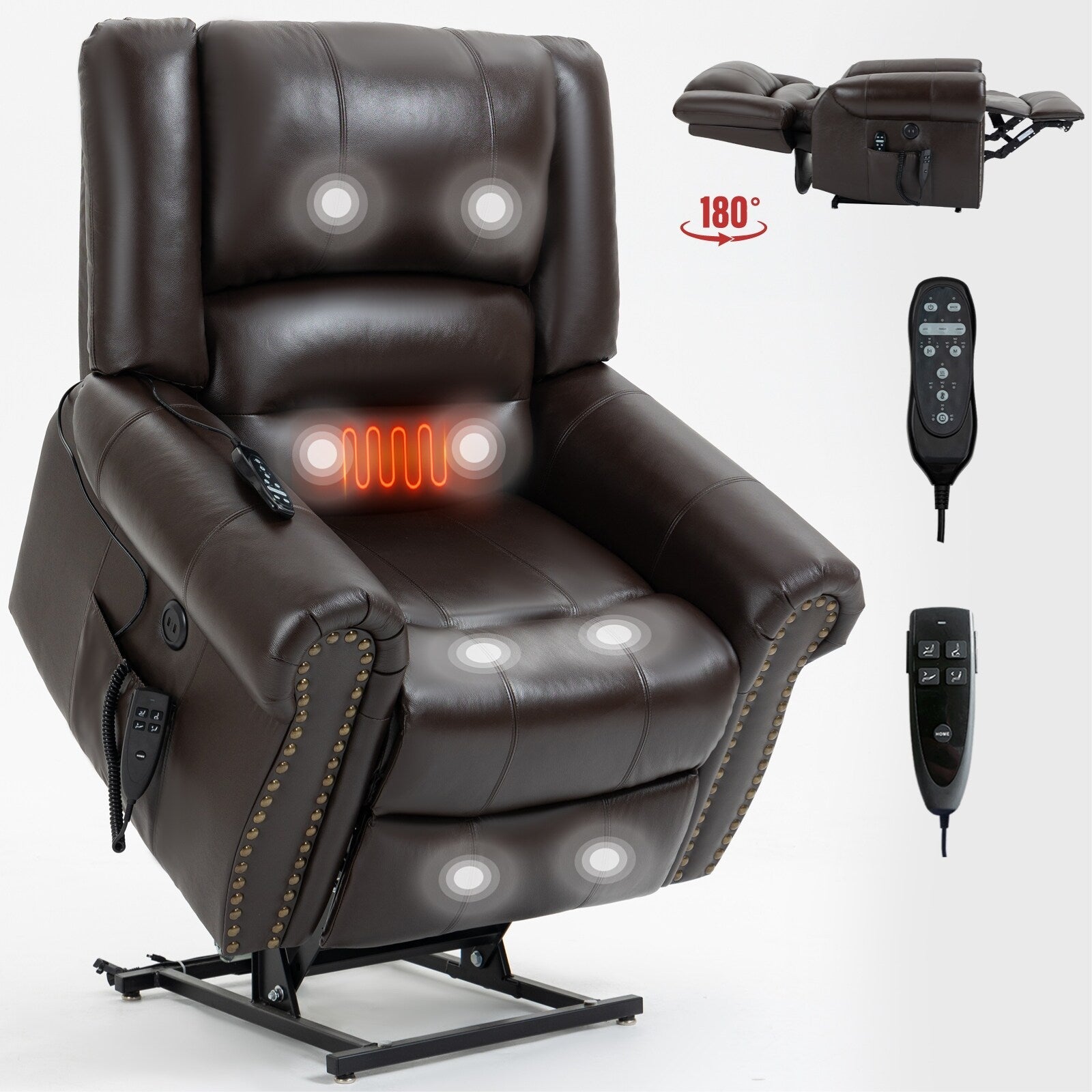 Fauteuil inclinable électrique en cuir véritable avec double moteur, massage par vibrations à 8 points, chauffage, ports USB et inclinaison infinie